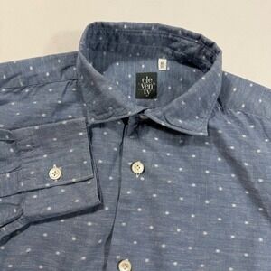 Eleventy Mens‎ L Button Up Shirt 16.5-42 Blue Dot Cotton Linen Made in Italy